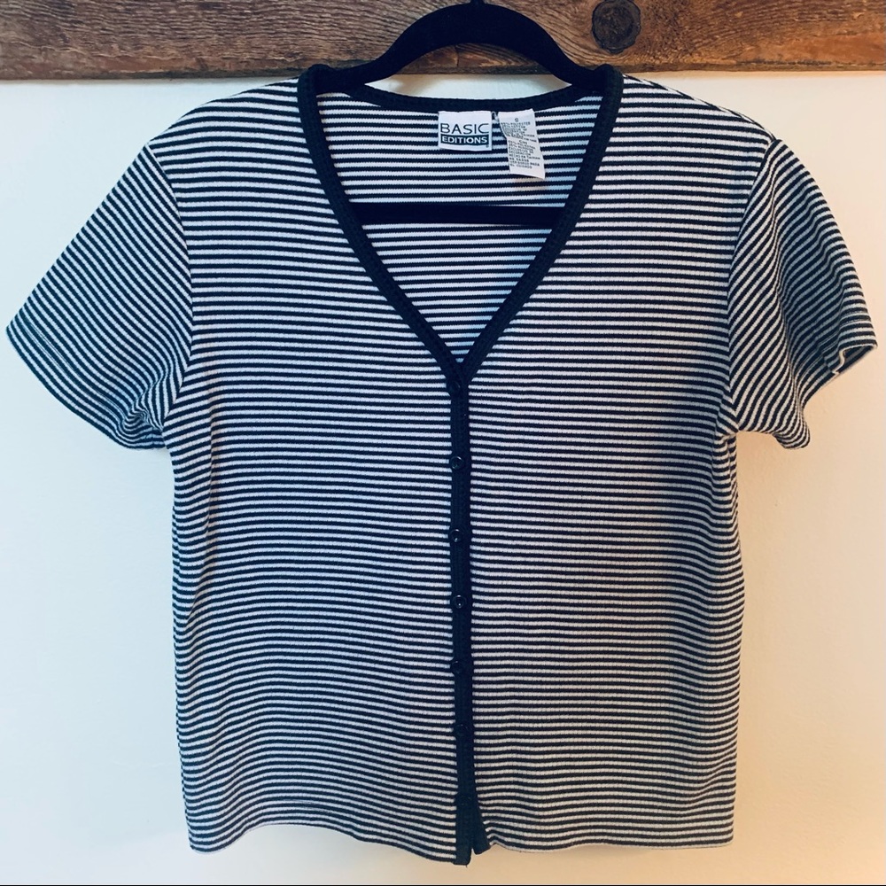 CLEARANCE Basic Editions—Button V-Neck Crop, Black White Stripes (Small) Y2K